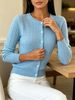 Light Blue Cable Pit Rib Knit Cardigan, Loose Lightweight Breathable Soft Skin-touch Button Long Sleeve Jacket_ecoleips.com
