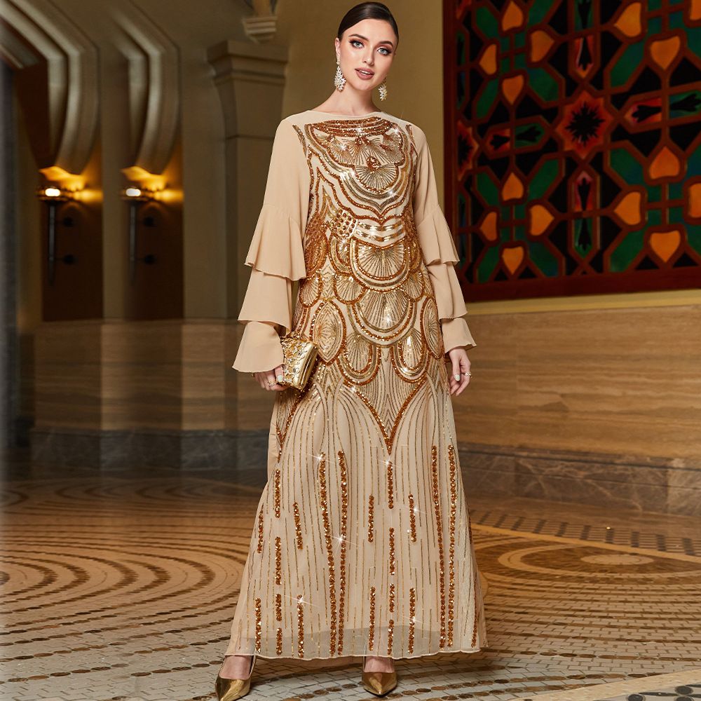 Golden Multi Layered Lotus Leaf Sleeves Positioning Sequin Embroidered Robe Dress_ecoleips.com