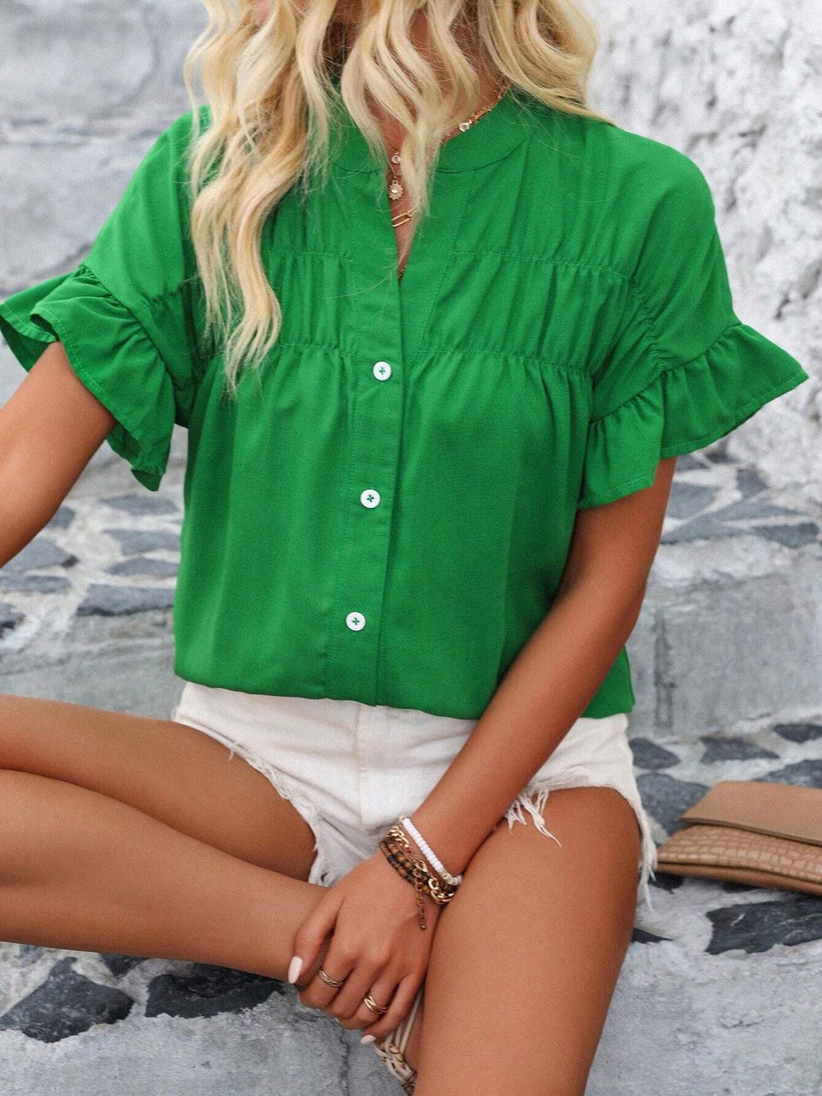 Women's Casual Pleated Shirt Short Sleeved Solid Color Cotton Linen Stand Collar Button-Up Top_ecoleips.com