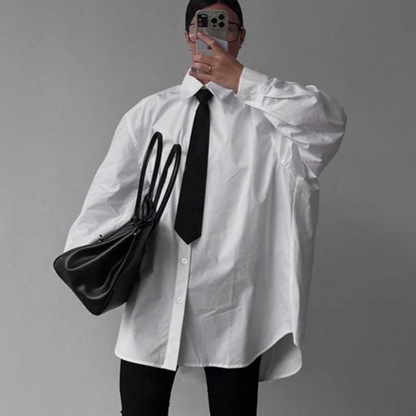 Women's White Minimalist Casual Long-Sleeved Collar-Up Shirt With Stylish Design And Versatile Fit_ecoleips.com