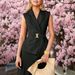 Women's Commuter Style Fashion Belted Lapel Vest And Pants Set Two-Piece Outfit_ecoleips.com