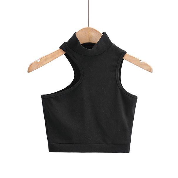 Voya Black High-necked Asymmetrical Design Camisole, Tight-fitting, Stretchy, Sleeveless, Off-shoulder, Inner-layer Tank Top,_ecoleips.com