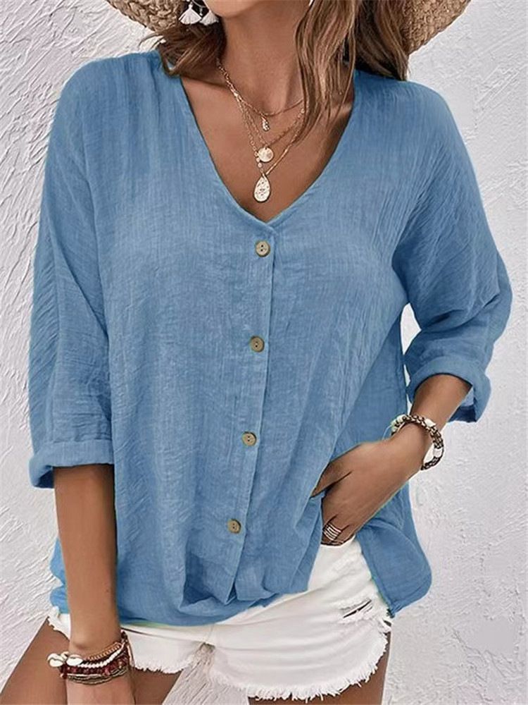 V-Neck Short-Sleeved Loose-Fitting Women's Shirt For Casual Wear_ecoleips.com