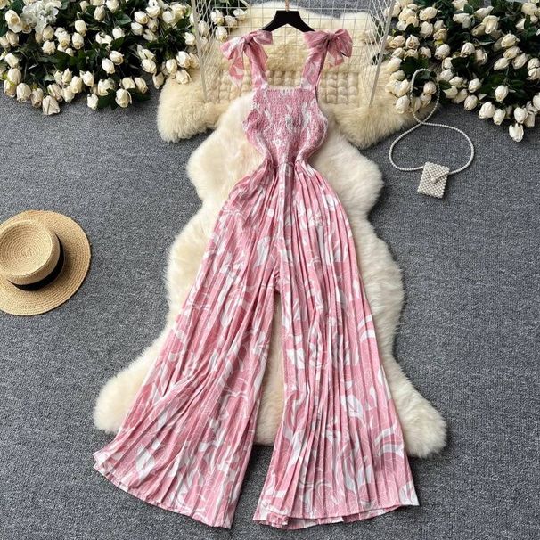 Women's Clothing Travel Vacation Outfit Jumpsuit Women's Summer Elastic Pleated Waist Floral Suspenders Wide Leg Long Pants_ecoleips.com