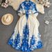 Women's Clothing Retro Palace Style Short Sleeved Lapel Waist Single Breasted A Line Printed Belt Pleated Dress With Long Swing Skirt_ecoleips.com