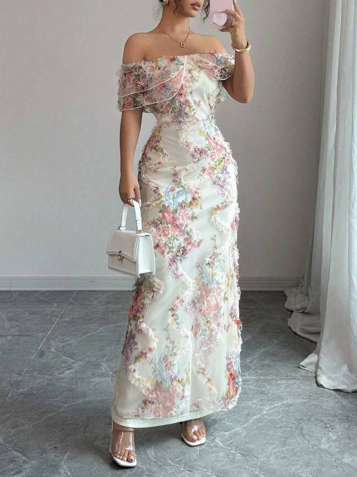 Off-Shoulder Embroidered Maxi Dress – Elegant High Waist Evening Gown (Short Sleeve, S-XL, White, Formal/Cocktail, Polyester Knit)_ecoleips.com