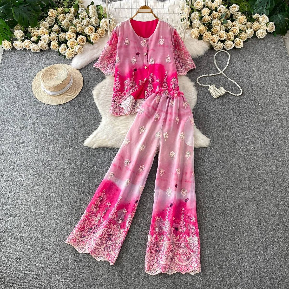 Women's Two Piece Set Round Neck Top With Gradient Pink Embroidered Pearl Buttons Loose Wide Leg Pants Gentle Feminine_ecoleips.com