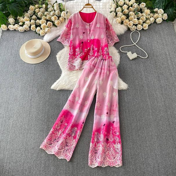 Women's Two Piece Set Round Neck Top With Gradient Pink Embroidered Pearl Buttons Loose Wide Leg Pants Gentle Feminine_ecoleips.com