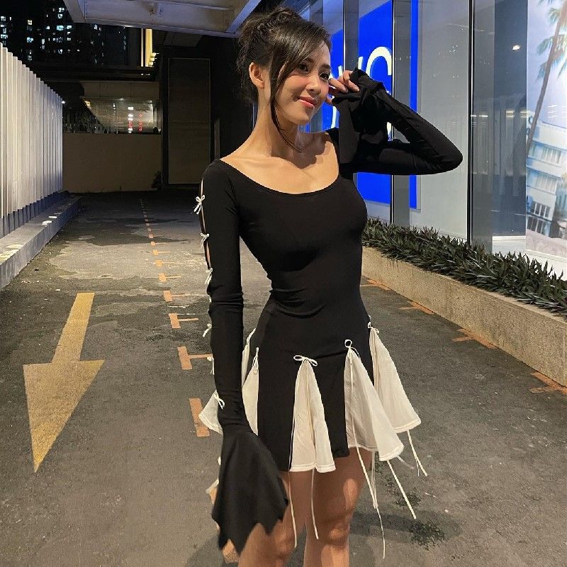 Women's Clothing Sweet And Spicy Bow Tie Up Flared Sleeve Long Sleeved Dress Autumn Women's Clothing For Formal & Casual_ecoleips.com
