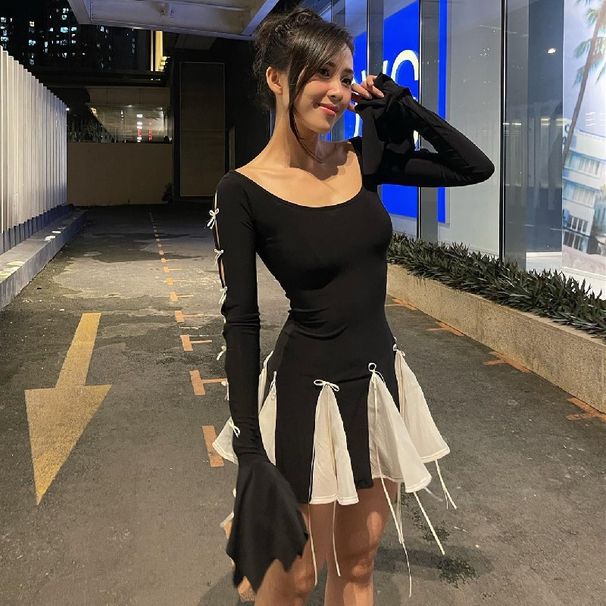 Women's Clothing Sweet And Spicy Bow Tie Up Flared Sleeve Long Sleeved Dress Autumn Women's Clothing For Formal & Casual_ecoleips.com