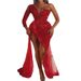 Fashion European-USA Dreamy Socialite Party Evening Dress Women Sexy Deep V-Neck Single Shoulder Diagonal Collar High Slit Glitter Floor-Length Dress_ecoleips.com