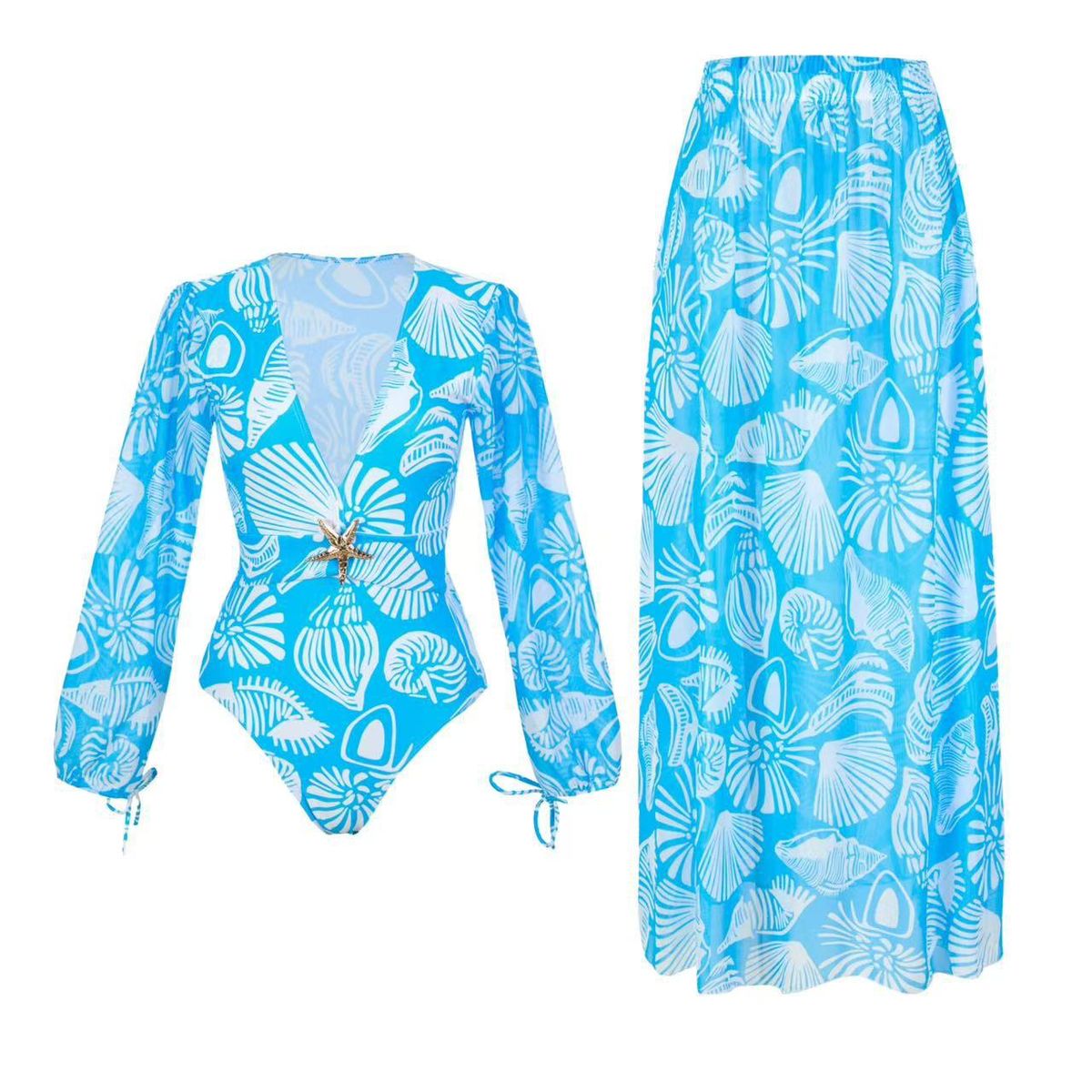 Women's Clothing Summer New Spring One Piece Swimsuit Travel Vacation Set Long Sleeve Shell Printed Swimsuit Women's Long Dress_ecoleips.com