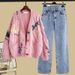 Women's Clothing Autumn Chic College Style Knitted Cardigan With Straight Slim Wide Leg Pants High Waist Jeans_ecoleips.com