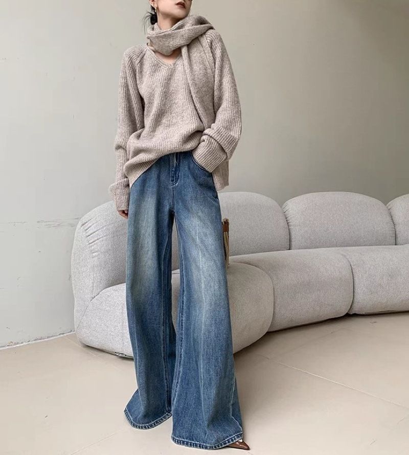 High Waist Blue Washed Jeans For Women – Relaxed Straight Leg Denim Pants (90s Vintage, Oversized Fit, Cotton-Blend, S-XL, Long Length)_ecoleips.com