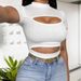 Voya Women's Pure Desire Style Hollow Out Half High Neck Short Cut Slim Fit T-shirt Summer Sexy Spicy Girl Short Sleeved Top_ecoleips.com