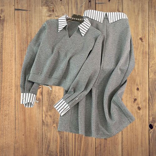 Women's Clothing Design Temperament Fashion Suit Spring Splicing Shirt Collar Two Piece Sweater Skirt Two Piece Suit_ecoleips.com
