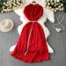 Women's Clothing Temperament Heavy Pearl Wood Ear Round Neck Dress Waist Slim Pleated Long Skirt_ecoleips.com