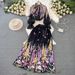 Floral Ruffle Blouse & Pleated Maxi Skirt Set – Lightweight Polyester, Wrap Design, Boho To Office Wear (Grey/Black, S-Xxl)_ecoleips.com