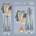 Fleece-Lined Letter Print Polo Zip-Up Top & Vintage Drawstring Jeans Set - Urban Streetwear Essentials (Blue/Pink)_ecoleips.com