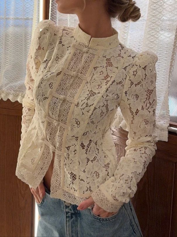 Women's Elegant Blouse, Court Style Loose And Elegant One Line Shirt Top, Embellished With Floral Lace Hollow Design_ecoleips.com
