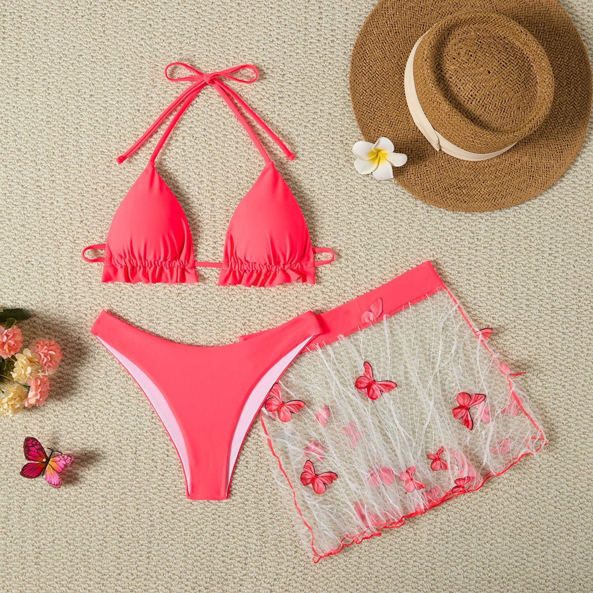 Conservative European American Style Women's Swimsuit Solid Color Three Piece Set Push Up Sports Bikini Tight Fitting_ecoleips.com
