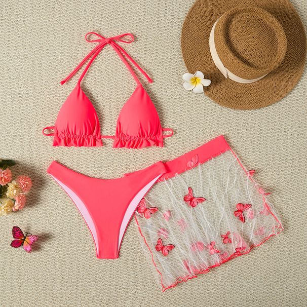 Conservative European American Style Women's Swimsuit Solid Color Three Piece Set Push Up Sports Bikini Tight Fitting_ecoleips.com