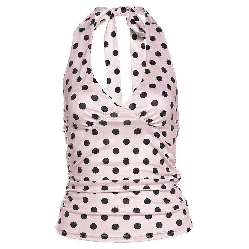 Women's Pure Polka Dot Halter Top Sexy Tie-Up Slimming Summer Tank Top Polyester Spring/Autumn_ecoleips.com