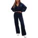Women's V-Neck Long Sleeve Sportswear Set – Solid Color Trousers & Top (S-XL, Navy Blue/Pink)_ecoleips.com
