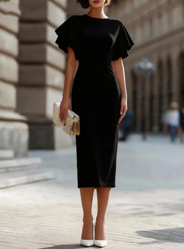 Women's Ruffled Sleeve Slim Fit Bodycon Dress mid Length Pencil Skirt European American Style for Commuting And Banquets_ecoleips.com