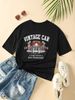 Women's Casual Black T-Shirt round Neck Short Sleeve Cotton Polyester Loose Fit Sporty Top with Car Print European American Style_ecoleips.com