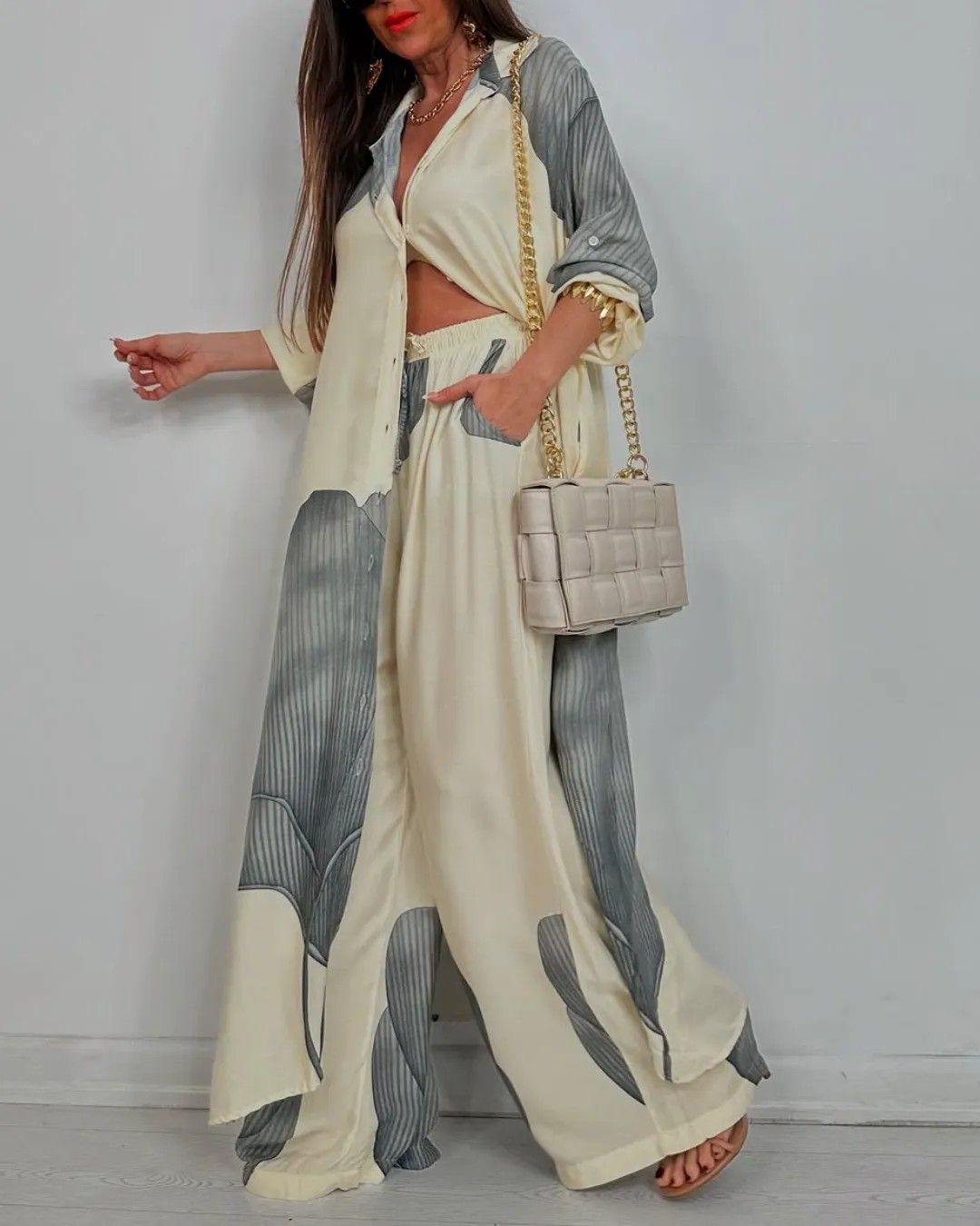 Women's Clothing Tops Trousers Two Piece Suit Stylish Color-Block Two-Piece Set – Relaxed Shirt & Flowy Pants (Red, Blue, Navy, Green, Burgundy)_ecoleips.com