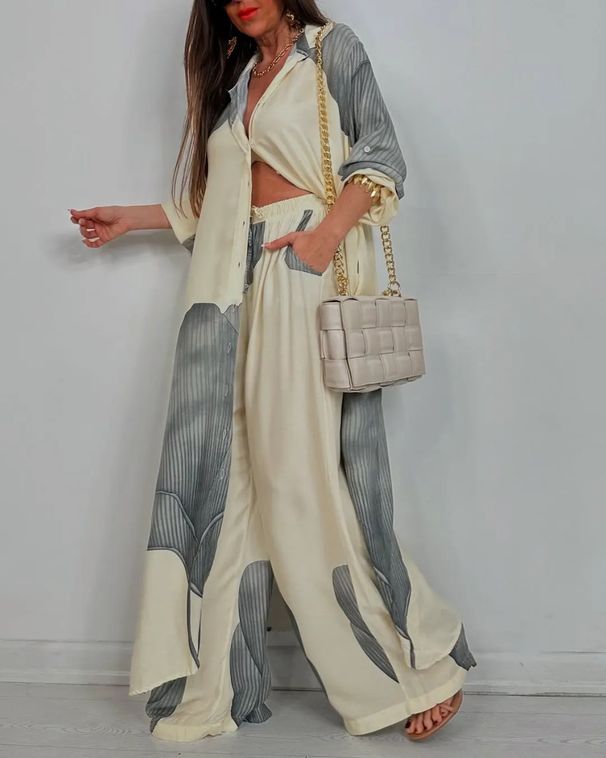 Women's Clothing Tops Trousers Two Piece Suit Stylish Color-Block Two-Piece Set – Relaxed Shirt & Flowy Pants (Red, Blue, Navy, Green, Burgundy)_ecoleips.com