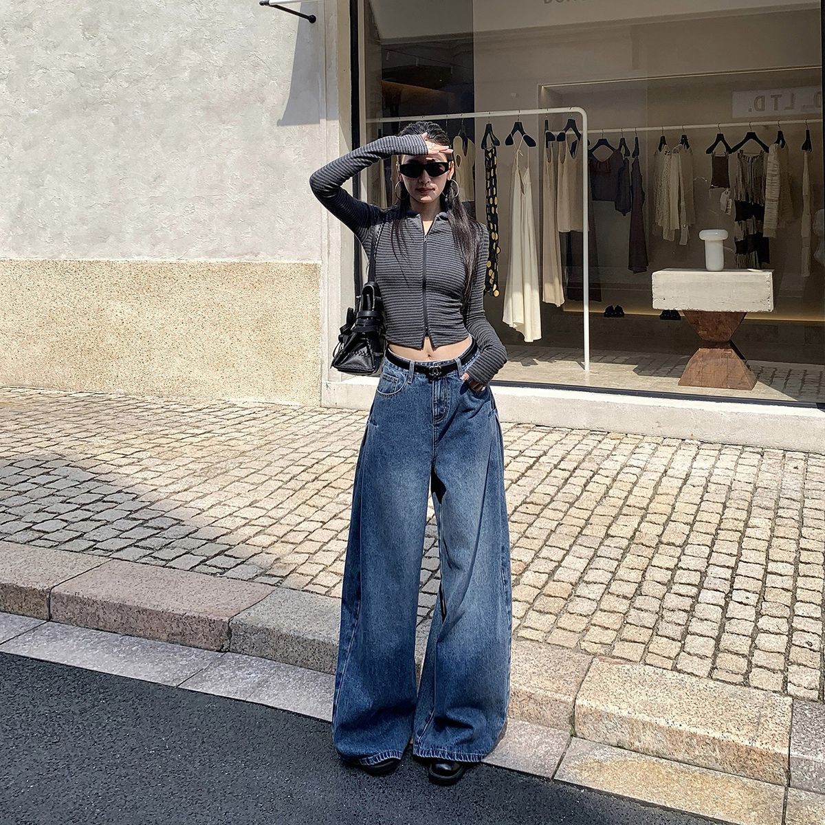 Women's High-Waisted Slimming Wide Leg Jeans Retro Pleated Design Floor-Length Blue Denim Autumn/Winter Fashion_ecoleips.com
