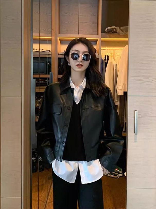Women's Clothing Black Short PU Leather Jacket Korean Style Fashion Retro Brown Top For Autumn_ecoleips.com