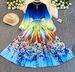 Elegant A-Line Skirt Dress For Women With Pearl Button Round Neck Waist Cinching Gradient Print Pleated Detail Casual Spring/Autumn Wear_ecoleips.com