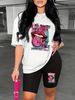 Summer Women's Casual And Fashionable Lip Print Letter Print Loose T-shirt+shorts Two-piece Sportswear Suitable For Daily Wear-79_ecoleips.com