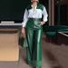 Women's Clothing Elegant Commuter Casual & Office Wear Long Sleeved Shirt With Belt And Wide Leg Leather Pants Two Piece Set_ecoleips.com