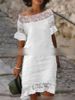 Women's Clothing Off-Shoulder Short Sleeve Dress American Style Solid Color Lace Trim Casual Elegant Fashion Thin_ecoleips.com