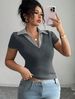 2026 Curvy Contrast Collar Short Sleeve T-Shirt, Spliced Shirt Neck High Stretch Slim Fit Casual Summer Top_ecoleips.com