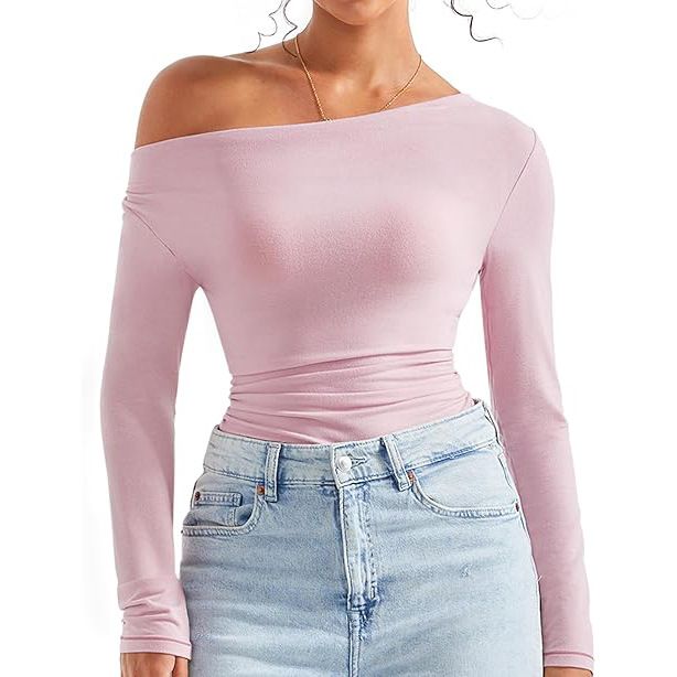 Women's Slim Fit Base Layer Top Long Sleeved Asymmetrical Neck Milk Silk T-Shirt Sexy Off-Shoulder_ecoleips.com