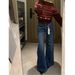 Dark Blue Bamboo-pattern Vintage Flared Jeans 2025, High-waisted, Trendy, Loose-fitting Bell-bottom Pants For Tall_ecoleips.com