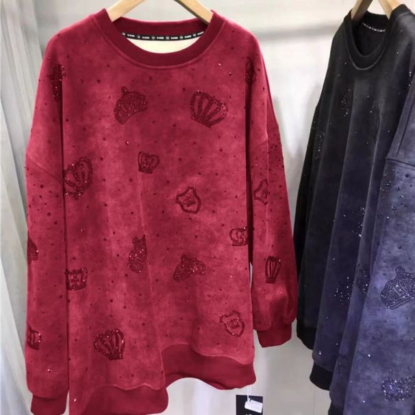 Women's Clothing 2 300 Catties Fat Mm Heavy Hot Diamond Sweater Female Plus Velvet Thick Round Neck Light Luxury Crown Long Sleeve Top_ecoleips.com