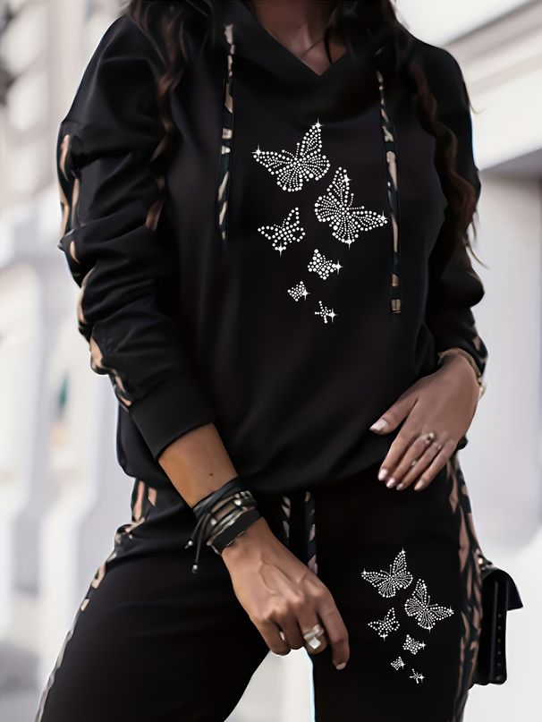 Fashionable Casual Two Piece Set For Vacation Hooded Long Sleeved Pants Printed_ecoleips.com