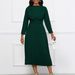 Women's Clothing Elegant Long Sleeved Pleated Solid Color Elegant Autumn Long-Sleeve Pleated Midi Dress | Belted Office Dress With Flowy Skirt_ecoleips.com