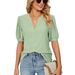 Women's Clothing Summer Casual V Neck Solid Color Hollow Bubble Sleeve Loose T Shirt Tops For Women_ecoleips.com