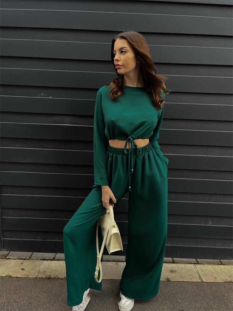 Women's clothing fashion solid color lace short long-sleeved top wide-leg pants two-piece set_ecoleips.com