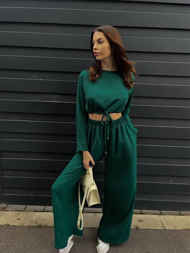 Women's clothing fashion solid color lace short long-sleeved top wide-leg pants two-piece set_ecoleips.com