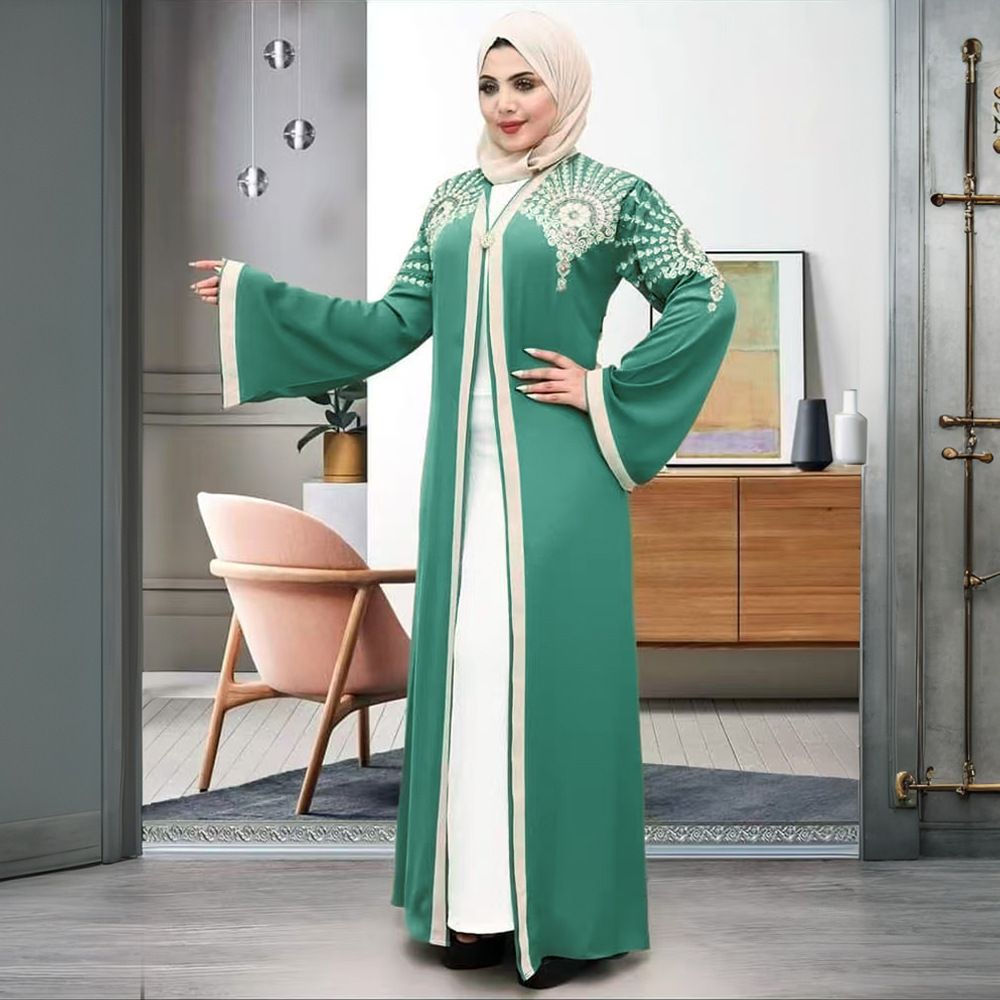 Women's Clothing Modest Abaya Dress Elegant Embroidered Kaftan Long Sleeve V-Neck Tunic & A-Line Skirt (L-2XL, Polyester, Loose Fit, Dubai-Inspired)_ecoleips.com