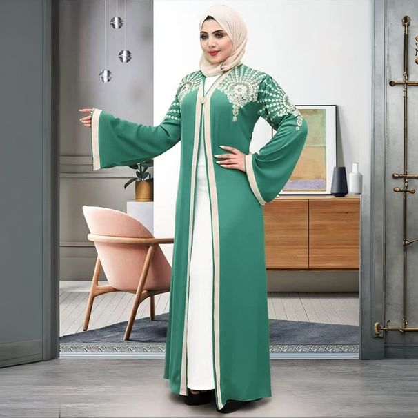 Women's Clothing Modest Abaya Dress Elegant Embroidered Kaftan Long Sleeve V-Neck Tunic & A-Line Skirt (L-2XL, Polyester, Loose Fit, Dubai-Inspired)_ecoleips.com