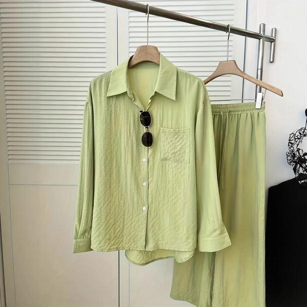 Women's Clothing Long Sleeved Shirt Paired With Elastic Waist Trousers Luxe Loungewear Set – Silky Button-Down & Wide-Leg Pants For Elevated Comfort_ecoleips.com